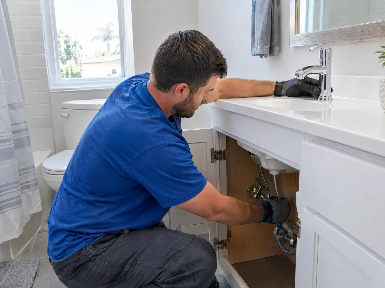 Plumber installing a bathroom vanity faucet