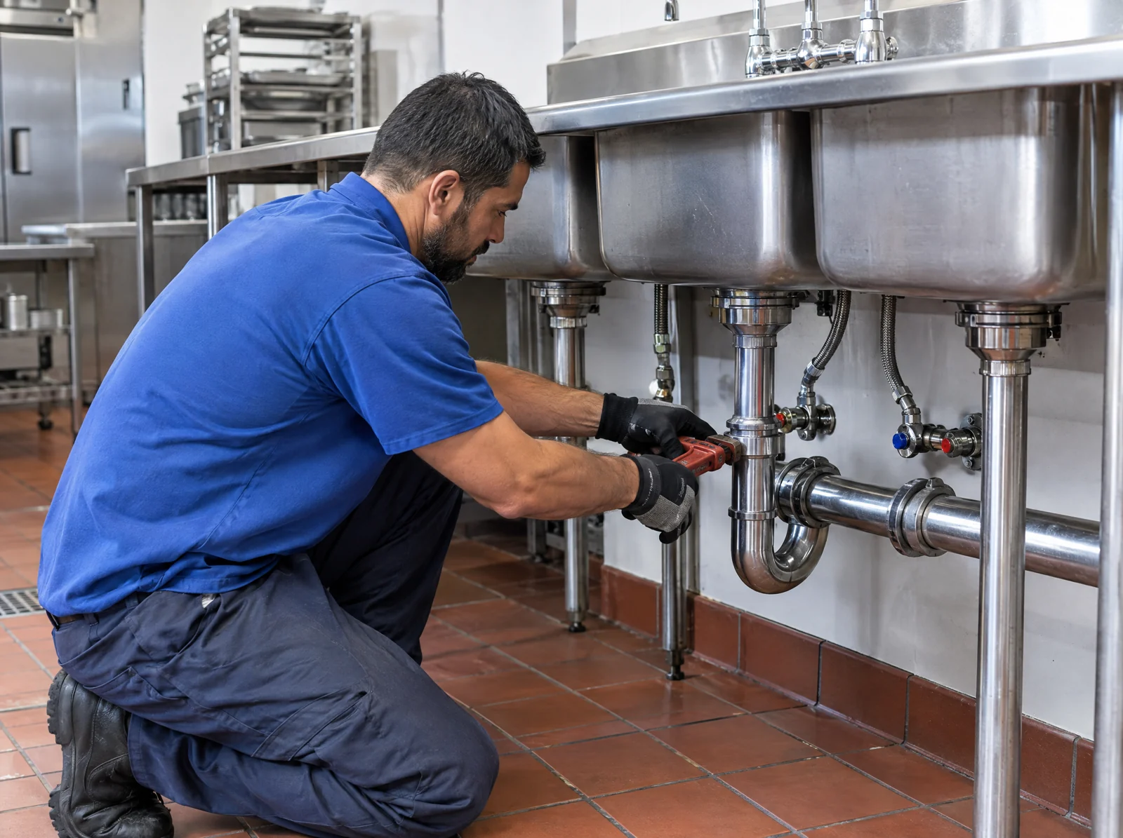 Plumber servicing piping beneath a commercial kitchen sink