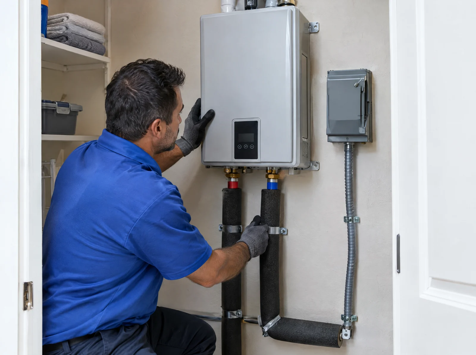 Plumber inspecting an electric tankless water heater