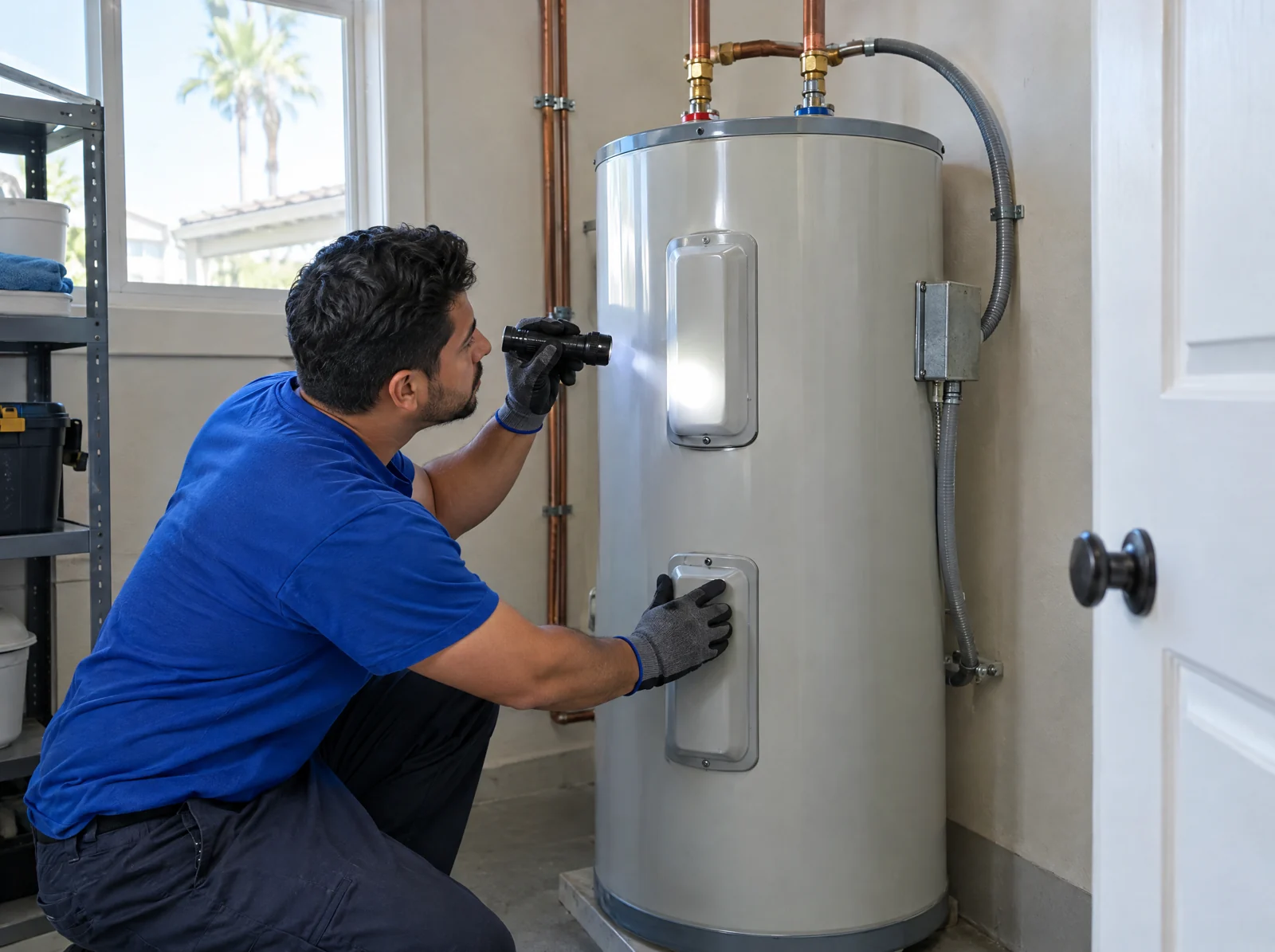 Plumber inspecting an electric storage water heater
