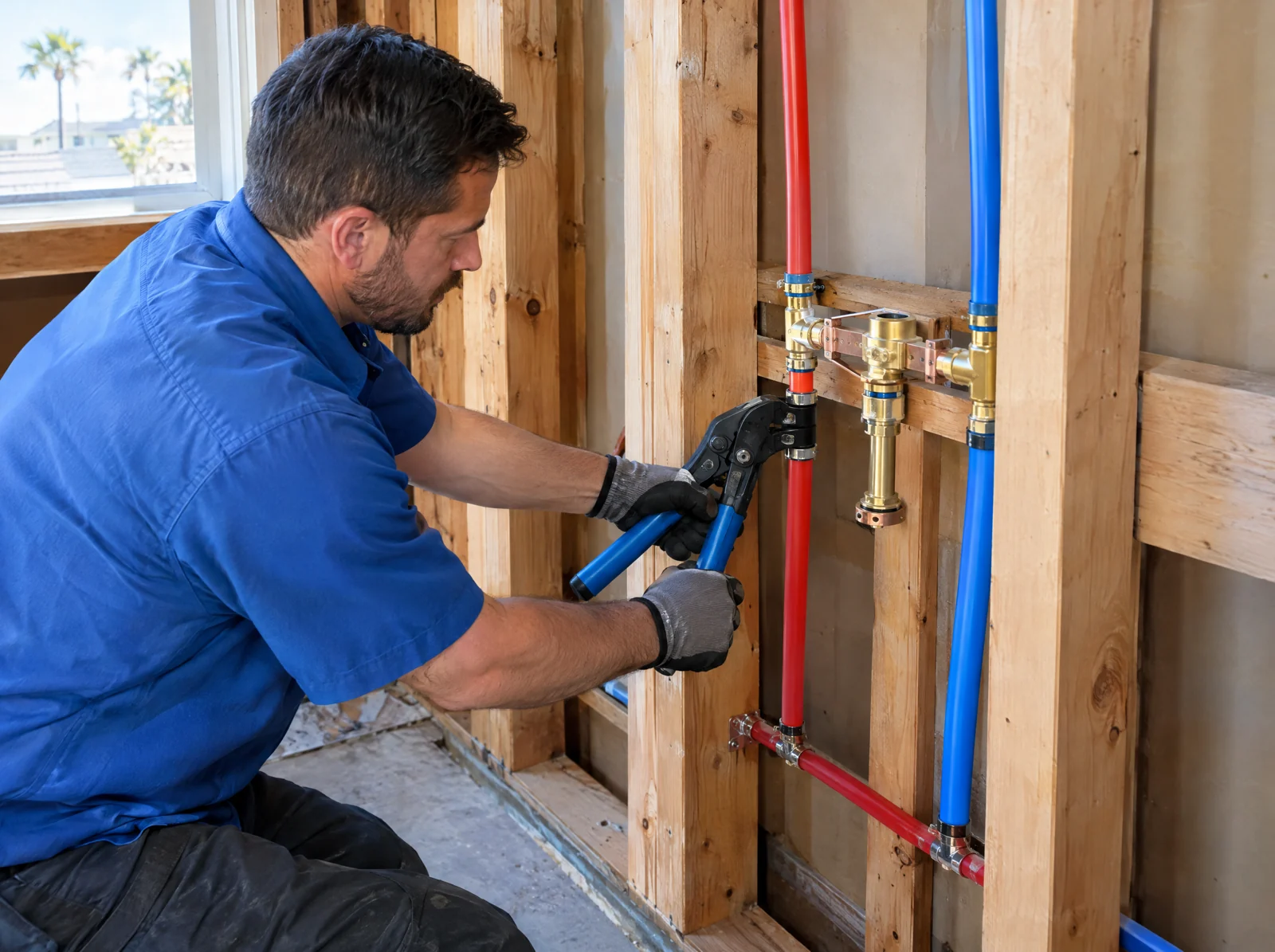 Plumber installing red and blue pex water supply piping