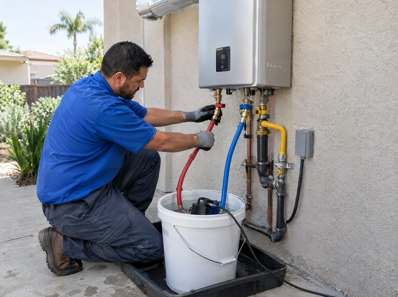 Plumber flushing a tankless water heater with service hoses