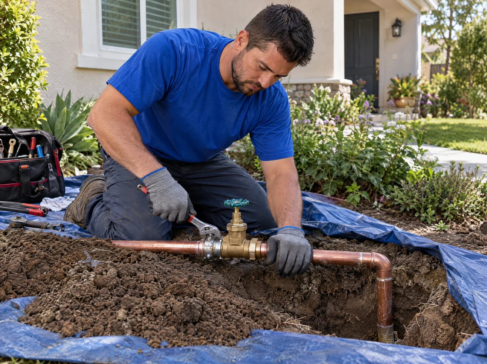 Plumber repairing an exposed private water supply line
