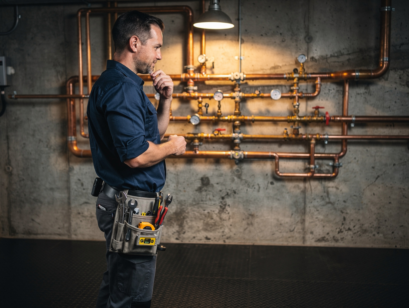 Professional plumber working on pipes