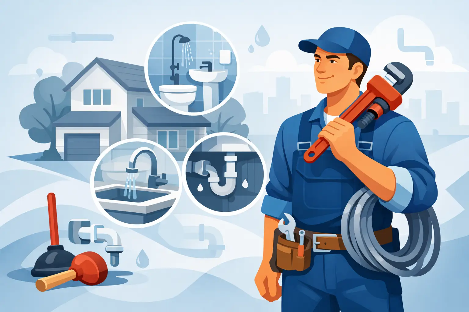Residential plumber repairing household pipes and fixtures in a home bathroom while inspecting plumbing connections and water systems.