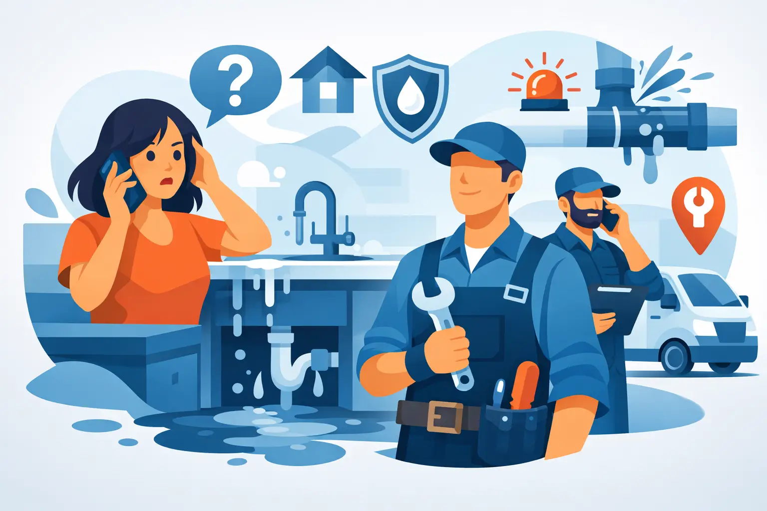 Licensed emergency plumber responding to a residential plumbing emergency involving a leaking pipe and water damage repair.