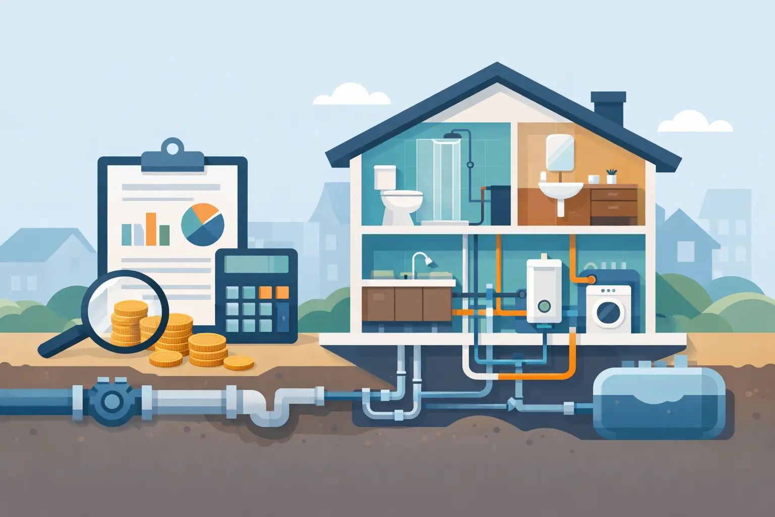 Illustración informativa mostrando el sistema de plomería completo de una casa, incluyendo tuberías, calentador de agua, fregaderos, baños y líneas principales, con gráficos de costos estimados para instalación o reemplazo.