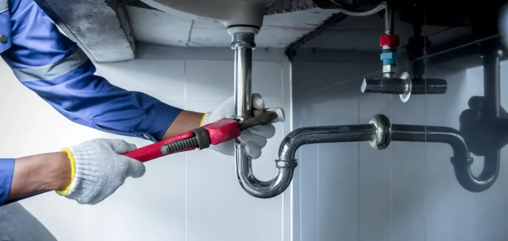 Plumber fixing pipes under sink